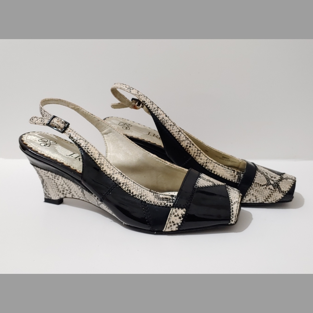 J. Renee Women's Piper Black White Snake Skin Slingback Wedge Heel Sandals 7 M